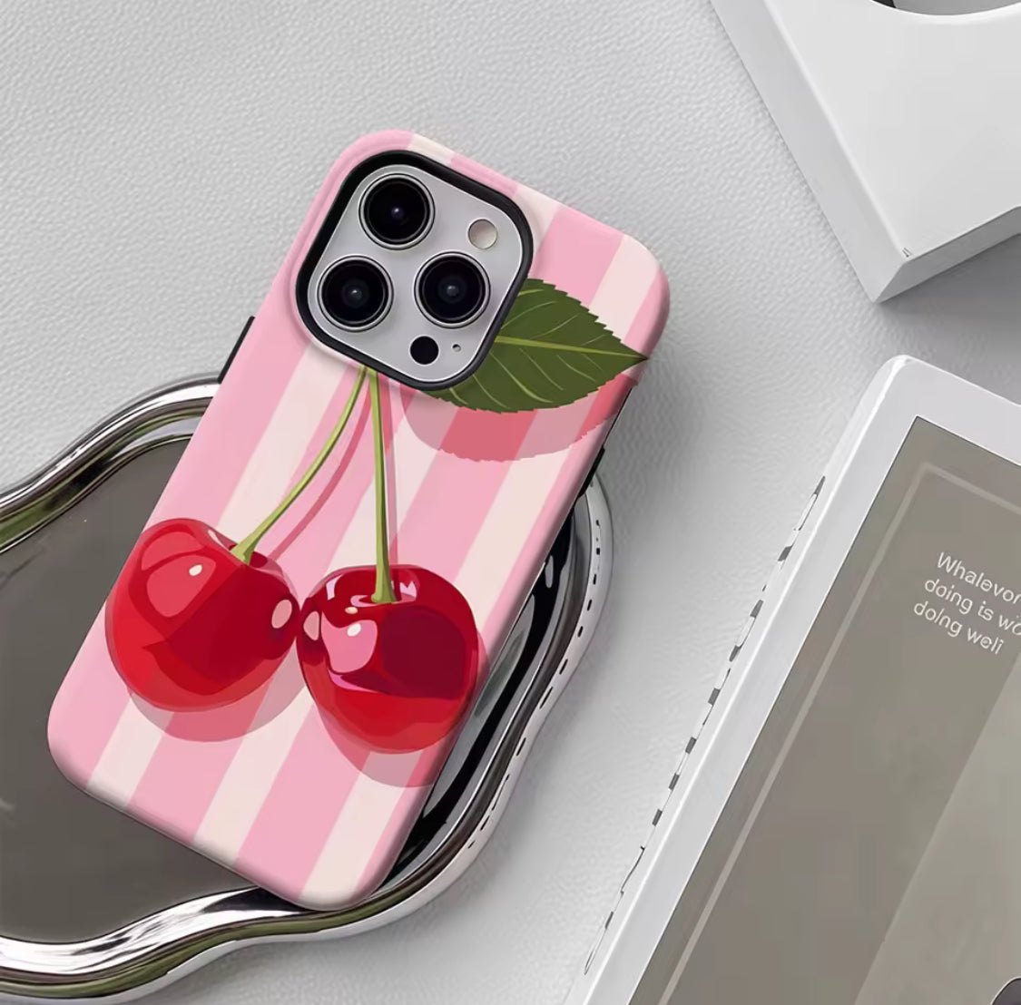 Cherries on Pink Stripes IPhone17 Must-Haves