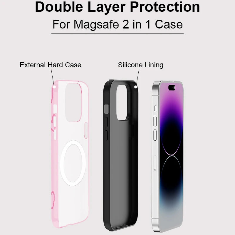 Pink Love Heart Pattern Case For IPHONE 16ProMax 15 14 13 12 11 PRO Plus Acrylic TPU Two in one Magnetic Phone Cases