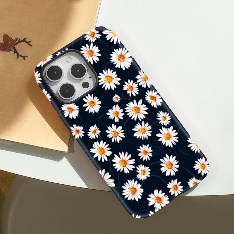 Wireless Charge For Magsafe Phone Case For iPhone 15 14 13 12 11Pro Max 15 16 Plus Daisy Flower Pattern Magnetic Cover