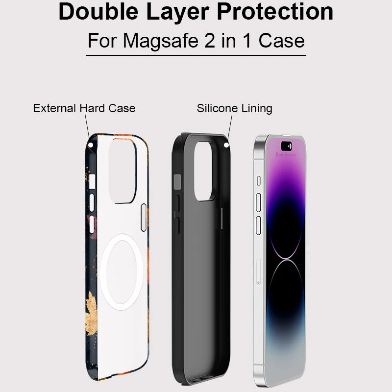 Acrylic 2 in 1 For Magsafe Magnetic Phone Case For iPhone 16 15 14 13 12 11 16 Pro Max Leaves Pattern Cover Fundas
