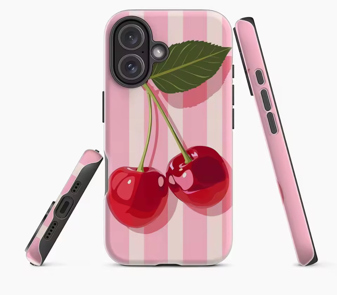 Cherries on Pink Stripes IPhone17 Must-Haves
