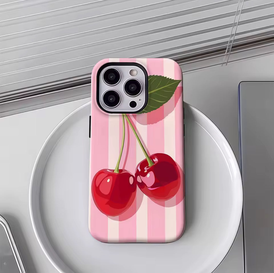 Cherries on Pink Stripes IPhone17 Must-Haves