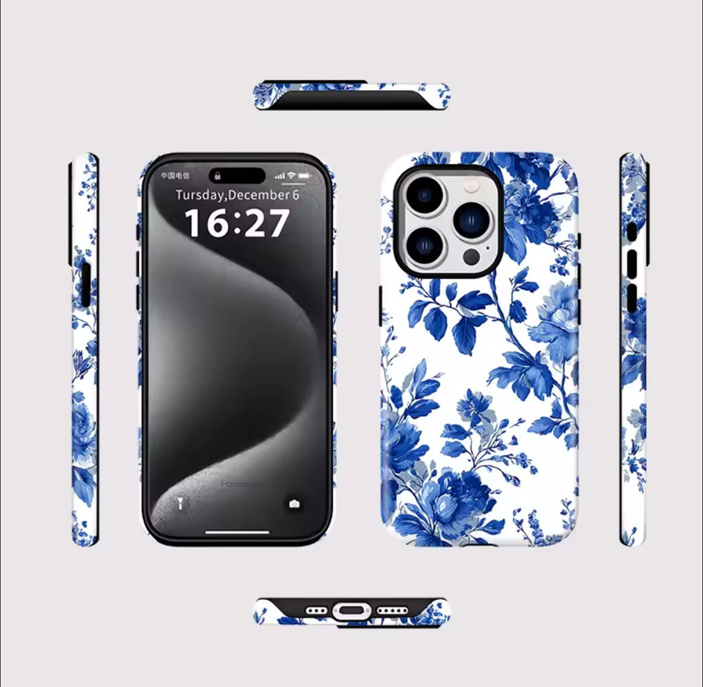 Coque de téléphone florale en porcelaine bleue
