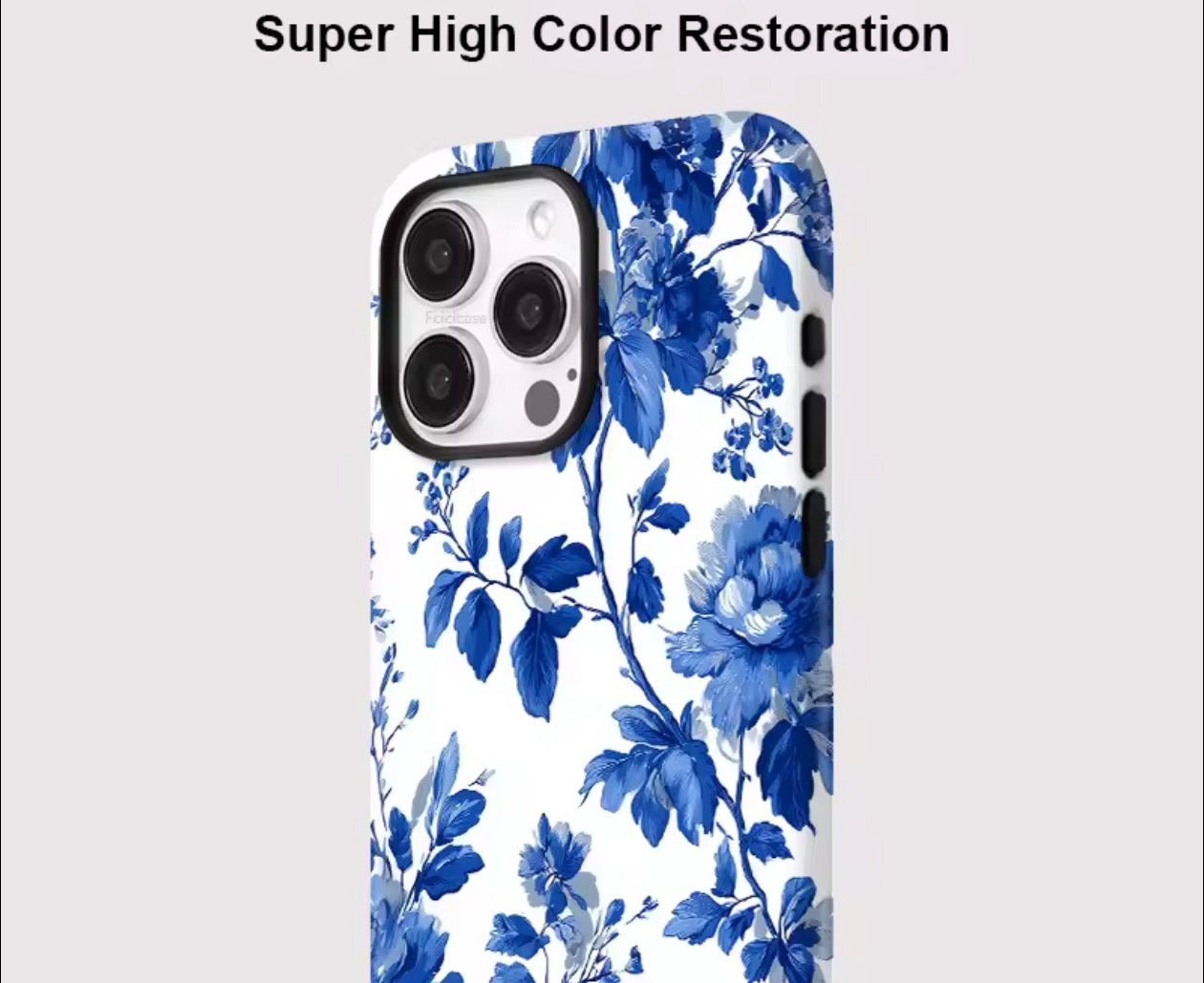 Coque de téléphone florale en porcelaine bleue
