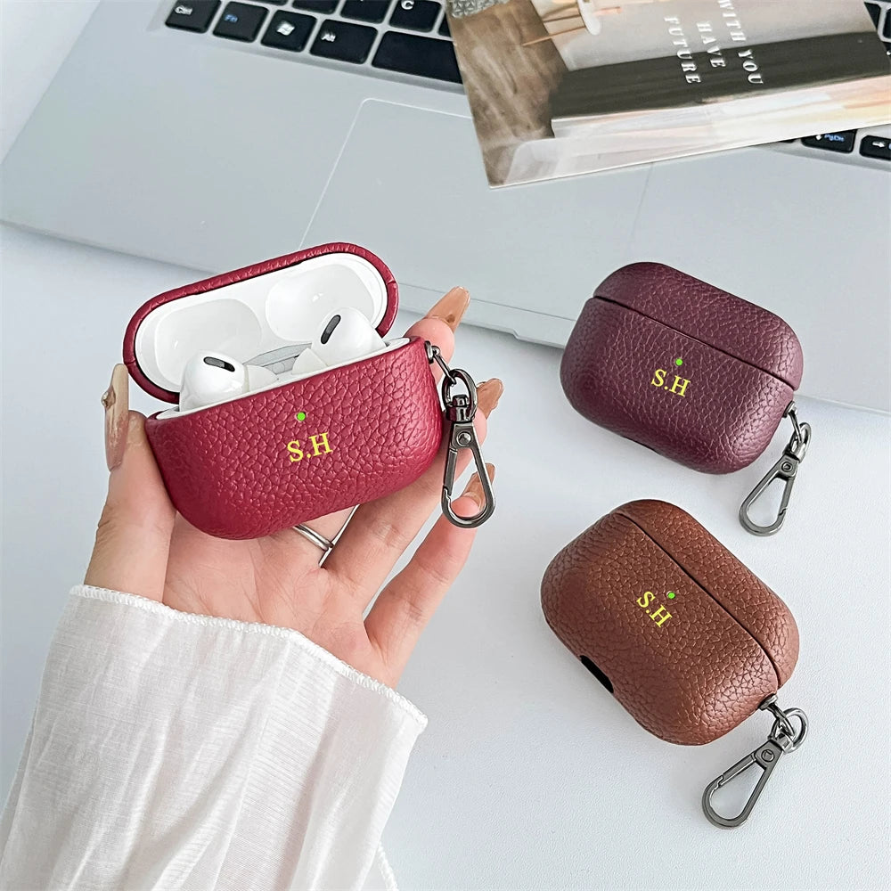 Custom Initial Leather AirPods Case Personalized Name Engraved Cover with Keychain Secondary image
