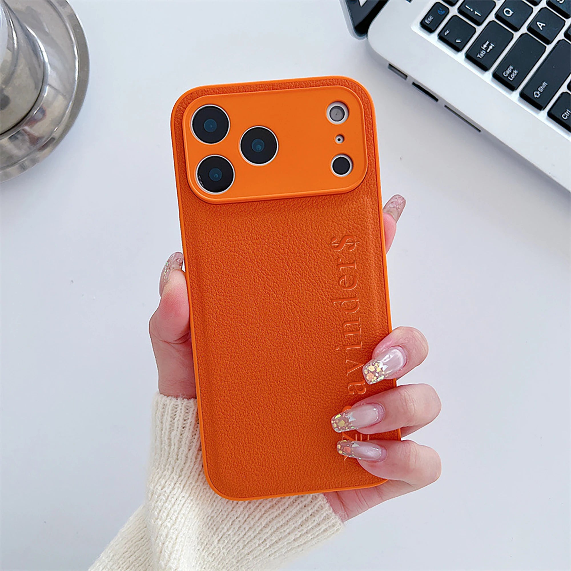 Custom Vertical Name Leather Phone Case – Personalized Engraved Initial & Text Case