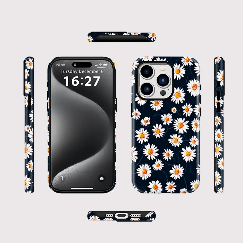 Wireless Charge For Magsafe Phone Case For iPhone 15 14 13 12 11Pro Max 15 16 Plus Daisy Flower Pattern Magnetic Cover