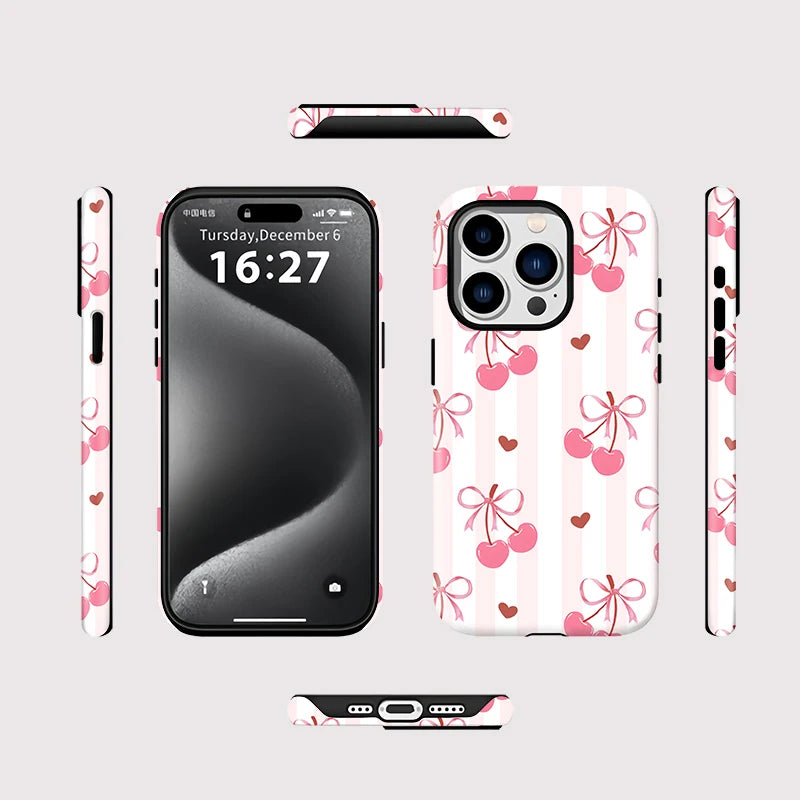 For iPhone 16 Pro Max Cherry Pink Love Heart Case Shockproof Magnetic MagSafe Phone Cover For iPhone 15 14 Plus 13 Pro 12 11