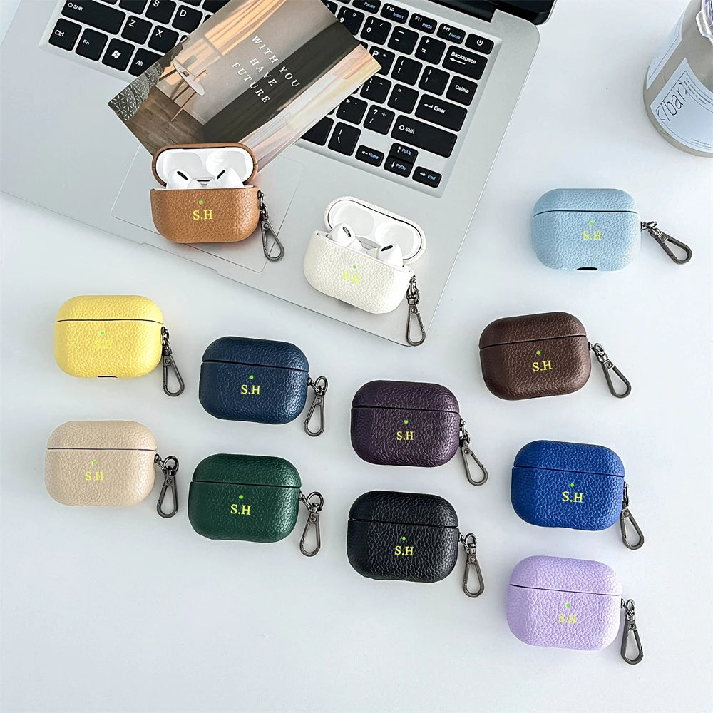 Custom Initial Leather AirPods Case Personalized Name Engraved Cover with Keychain