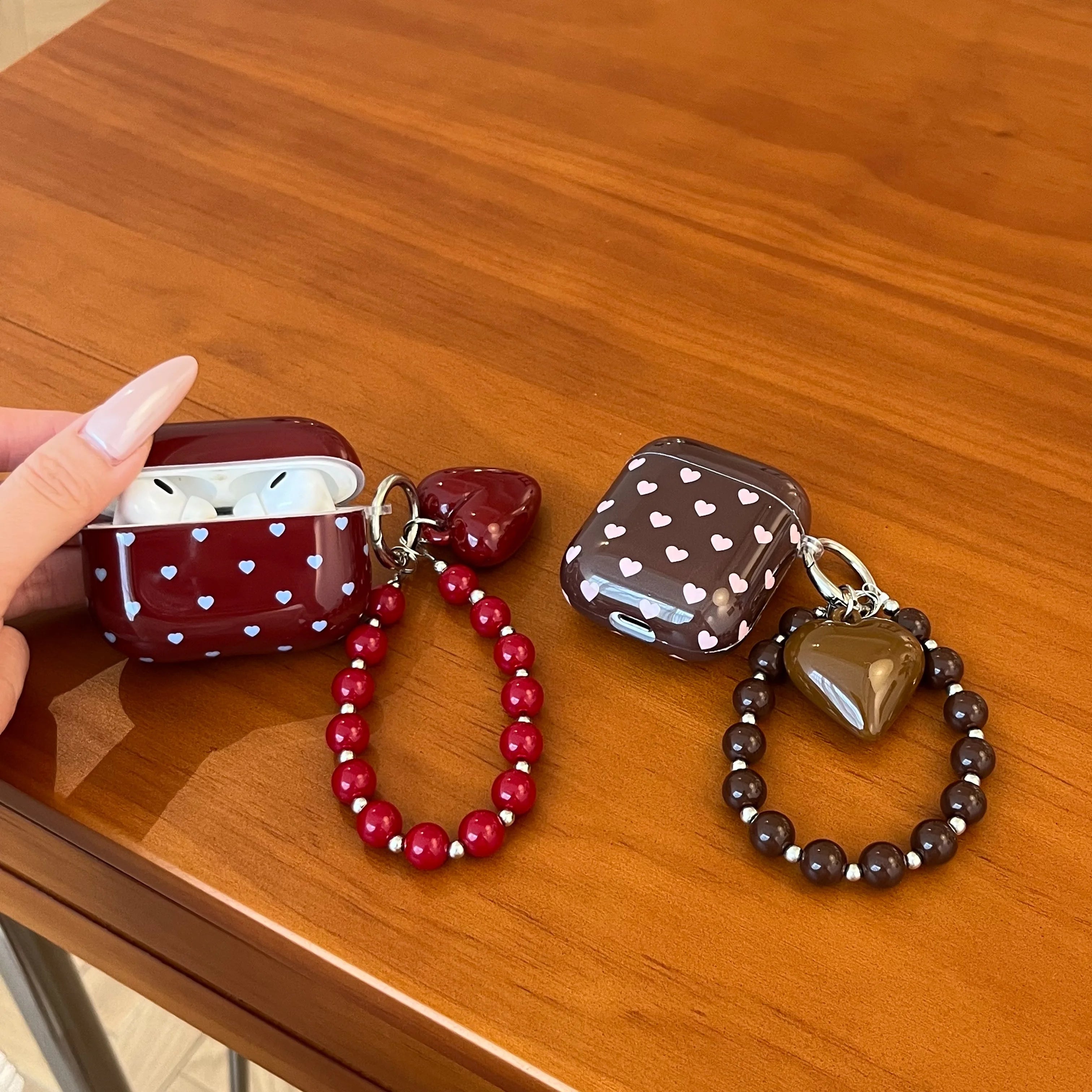 Heart Charm AirPods Case – Aesthetic Protective Cover with Beaded Strap