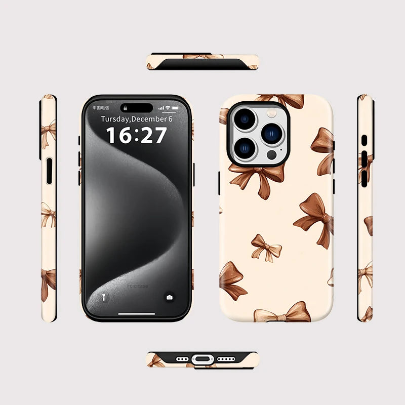 Beige Schleife iPhone Hülle – Coquette Stoßfest MagSafe Cover