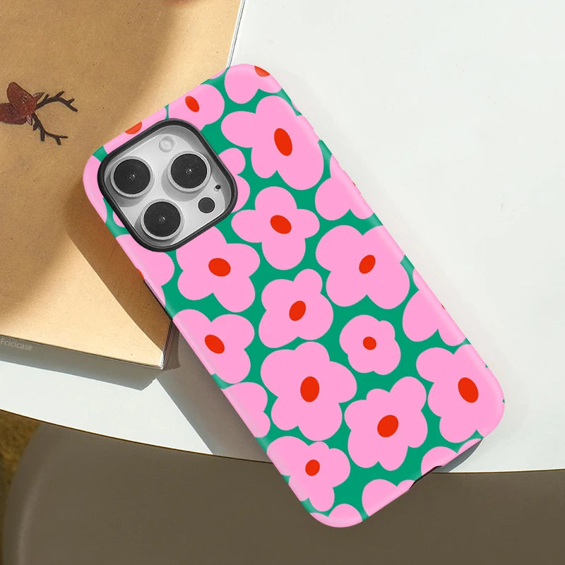 Pink florale iPhone Hülle – Stoßfeste Dual-Layer MagSafe Abdeckung