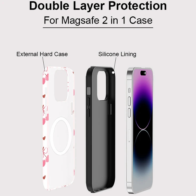 For iPhone 16 Pro Max Cherry Pink Love Heart Case Shockproof Magnetic MagSafe Phone Cover For iPhone 15 14 Plus 13 Pro 12 11