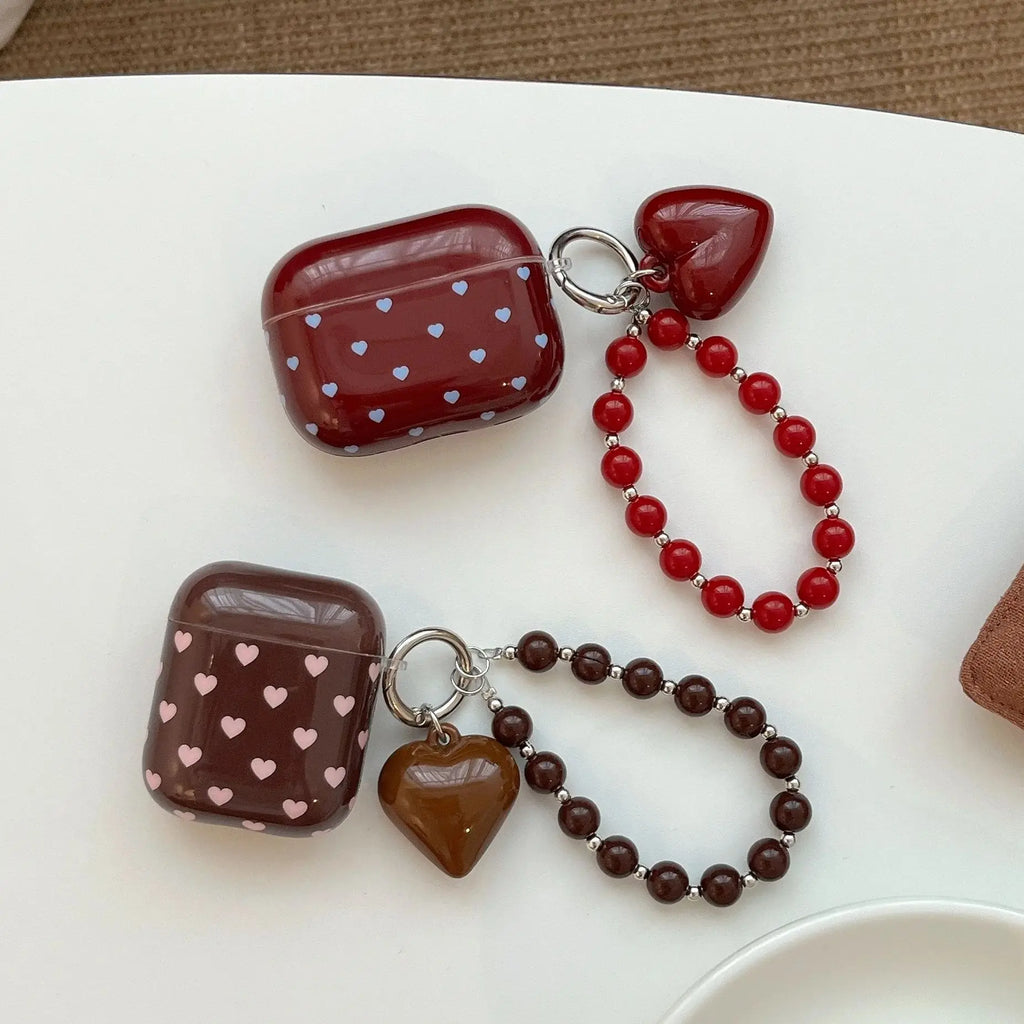 Heart Charm AirPods Case – Aesthetic Protective Cover with Beaded Strap