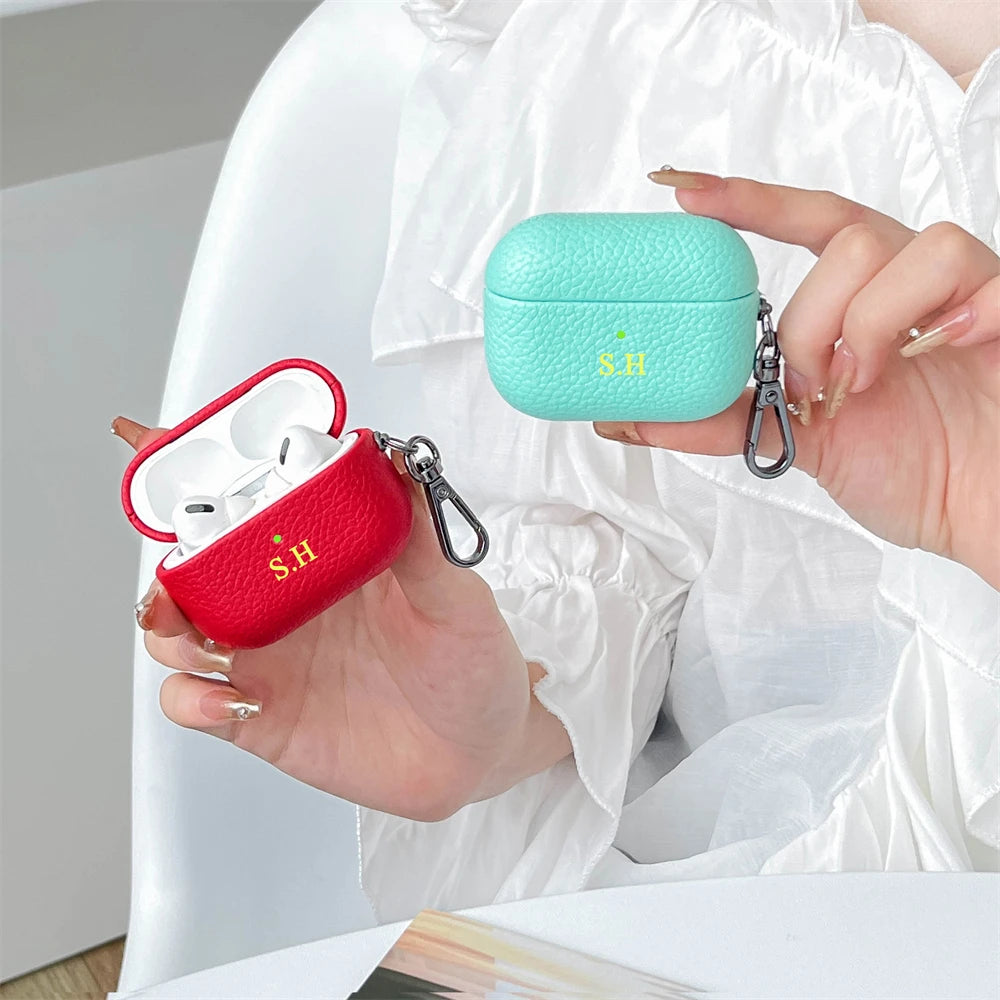 Custom Initial Leather AirPods Case Personalized Name Engraved Cover with Keychain