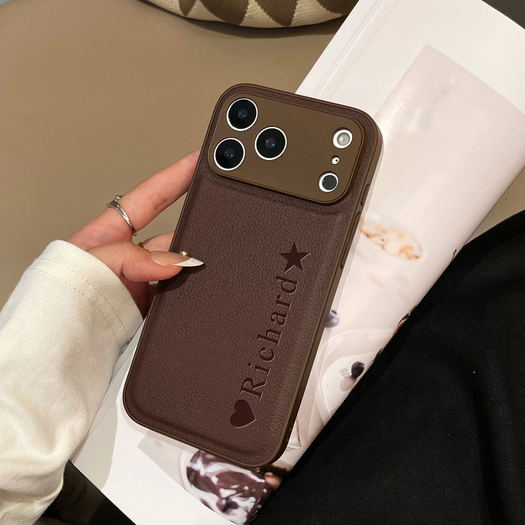 Custom Vertical Name Leather Phone Case – Personalized Engraved Initial & Text Case