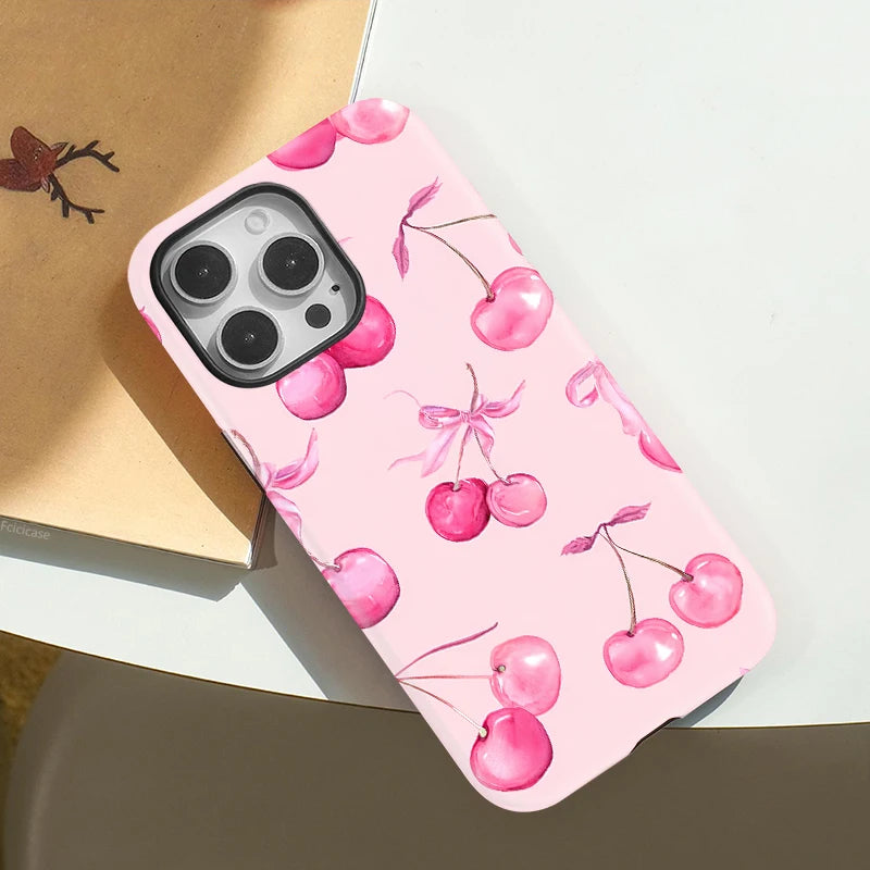Floral Phone Case For iPhone 16 Pro Max 15 14 Plus 13 12 11 Cherry For Magsafe Wireless Charge Magnetic Double-layer Cover