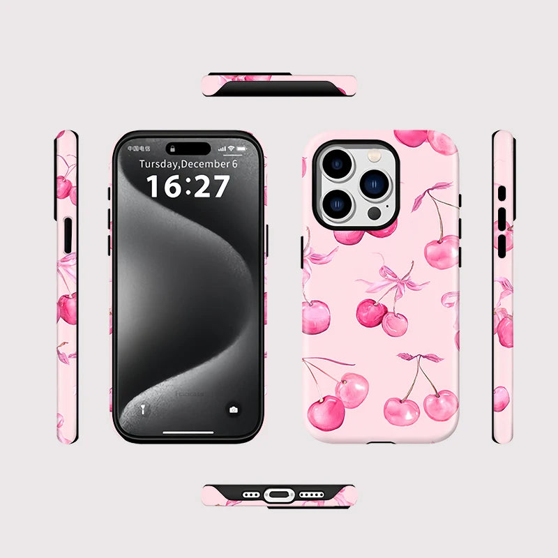 Floral Phone Case For iPhone 16 Pro Max 15 14 Plus 13 12 11 Cherry For Magsafe Wireless Charge Magnetic Double-layer Cover