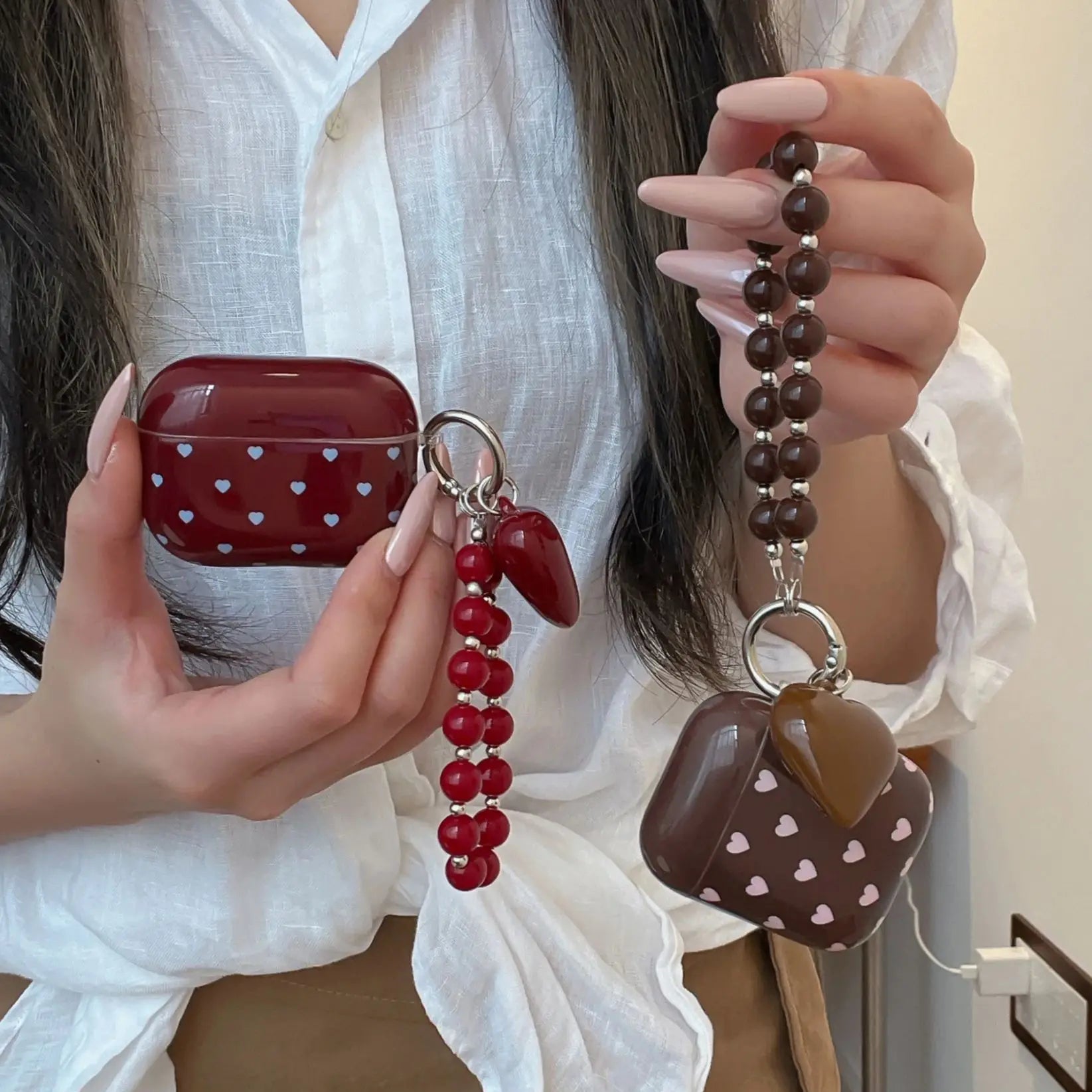 Heart Charm AirPods Case – Aesthetic Protective Cover with Beaded Strap