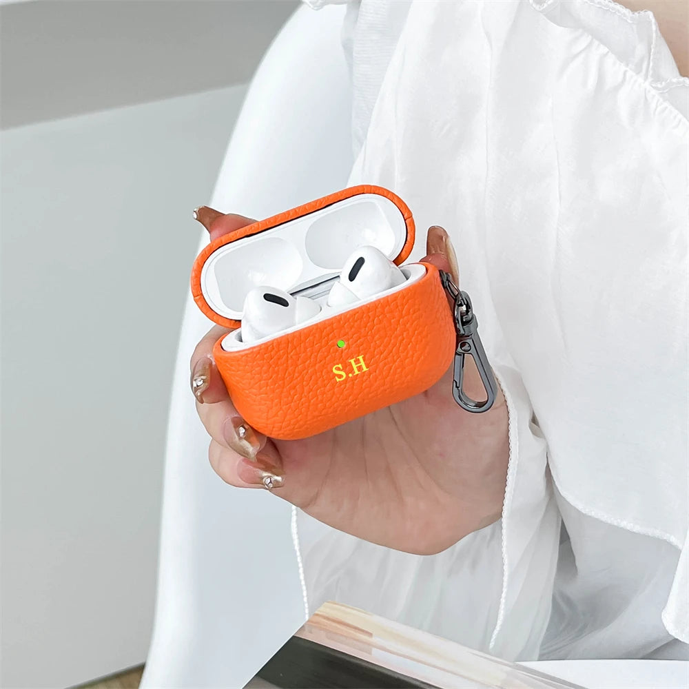 Custom Initial Leather AirPods Case Personalized Name Engraved Cover with Keychain