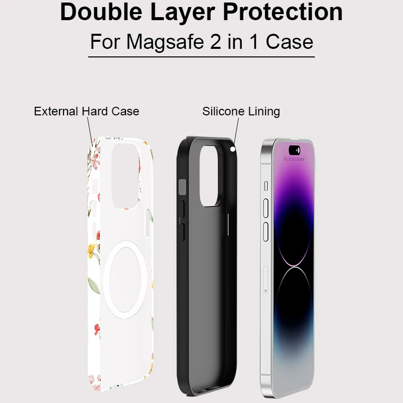 2 in 1 Magnetic Phone Case for iPhone 16 17 Air 15 14 12 13 Pro Max 15 Plus 11 For MagSafe Matte Acrylic Flower Capa